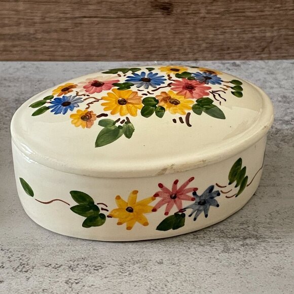 Vintage Made in France Hand-Painted Rustic Floral Oval Covered Trinket Box 4.75" - Picture 1 of 9